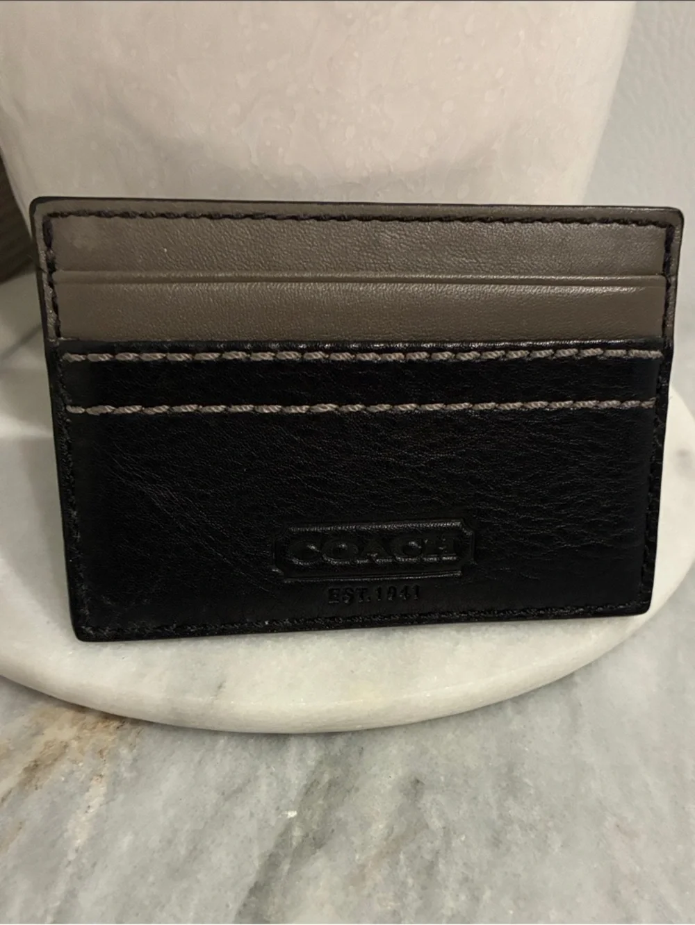 Coach Two-Tone Leather Card Case - Black & Taupe